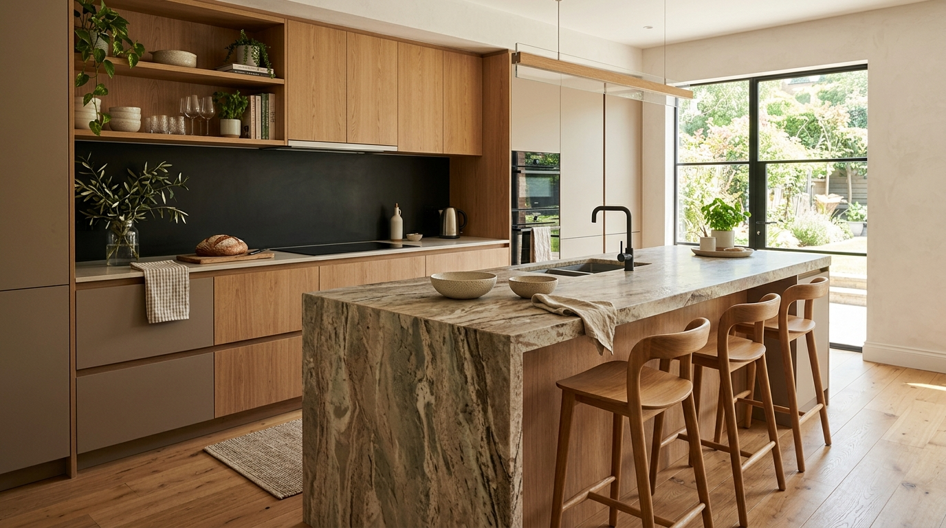 Handleless Kitchen Cabinets Comfy handleless kitchen cabinet design, complementing a natural stone island.