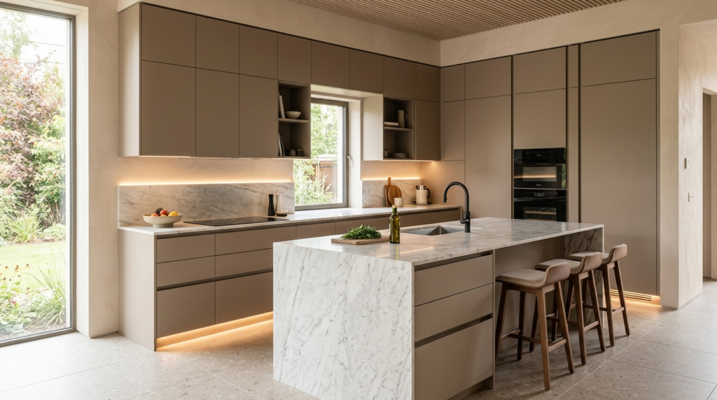 Italian Kitchen Cabinets Modern Italian kitchen with warm taupe matte lacquer cabinets, a handleless design, integrated lighting, and a marble island.
