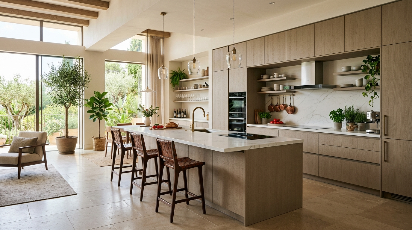 Italian Kitchen Cabinets Open-plan Italian kitchen cabinets in beige texture, with a large island with seating, indoor plants, and a floor-to-ceiling design.
