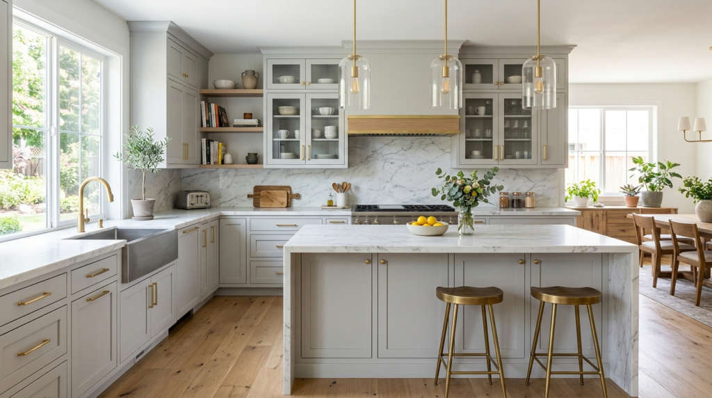 Grey Kitchen Cabinets Light grey shaker cabinets, gold hardware, marble backsplash, pendant lights, bright airy kitchen