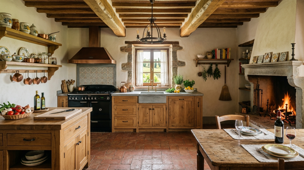 Italian Kitchen Cabinets Rustic Italian kitchen cabinets made with solid oak, paired with exposed wood beams and terracotta flooring, showcase farmhouse charm.