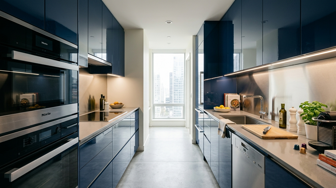 Italian Kitchen Cabinets Sleek Italian galley kitchen with glossy navy blue Italian kitchen cabinets, a stainless steel backsplash, and a compact layout.