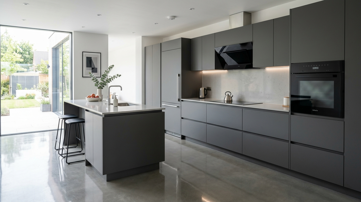 Grey Kitchen Cabinets Handleless grey kitchen cabinets with integrated appliances in a minimalist modern interior.