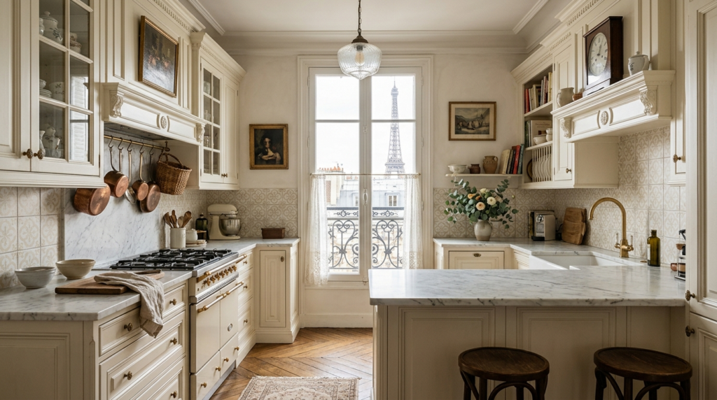 Classic Kitchen Cabinets Cream white classic kitchen cabinets in a Parisian style kitchen