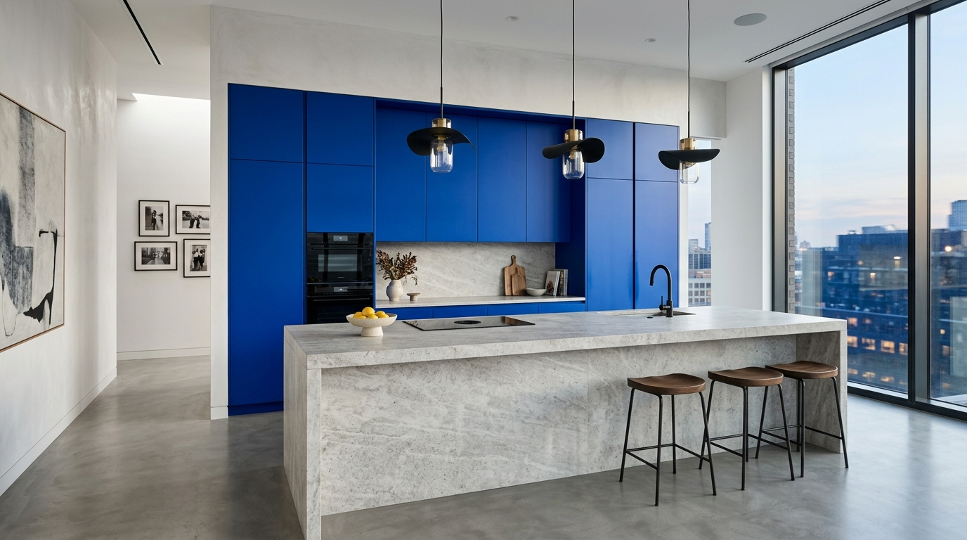 Blue Kitchen Cabinets Cobalt blue statement kitchen, saturated vibrant blue cabinetry as focal point, balanced with neutral stone island, minimalist handles, sculptural pendant lighting, gallery-like modern apartment feel.