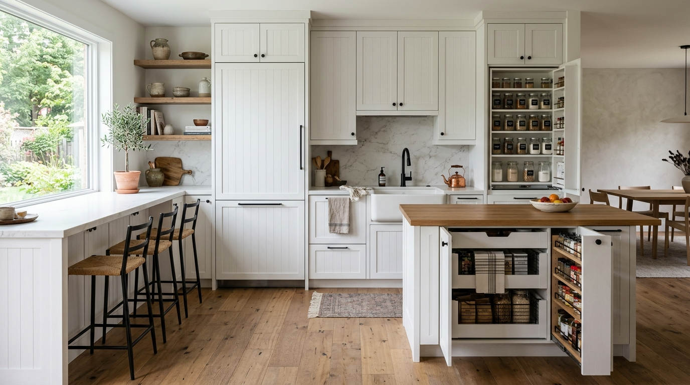 Country Style Kitchen Cabinets White country style kitchen cabinets in a contemporary interior with integrated appliances and subtle textures, apothecary and pull-out storage