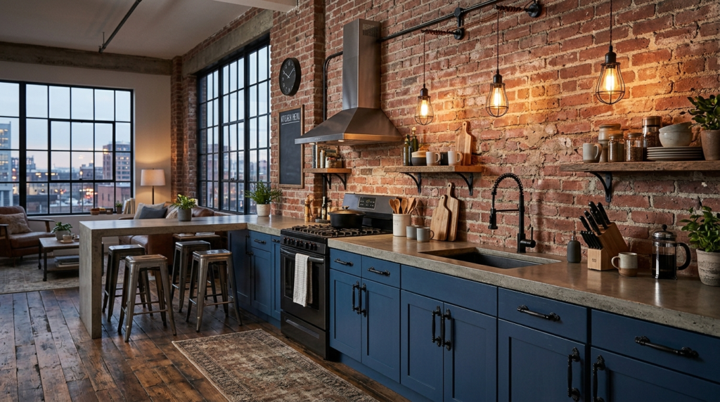 Blue Kitchen Cabinets Deep blue kitchen cabinets with black metal hardware, concrete countertops, exposed brick walls, industrial style