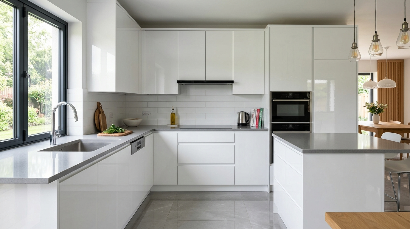 Frameless Kitchen Cabinets Modern white frameless kitchen cabinets with a high gloss finish