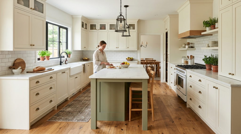 Country Style Kitchen Cabinets Bright country style kitchen cabinets in a modern farmhouse kitchen with white quartz countertops and warm oak flooring