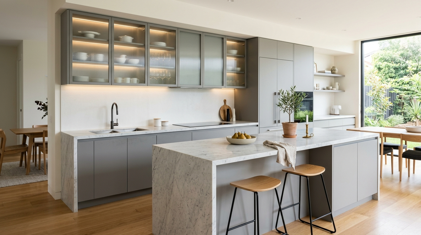 Grey Kitchen Cabinets Modern grey kitchen cabinets with glass-front upper cabinets, a marble island, and a neutral color palette in an elegant minimalist space.