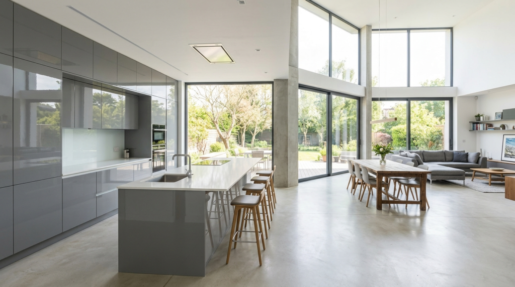 High Gloss Kitchen Cabinets Minimalist grey high gloss kitchen cabinets, open-plan layout, large windows