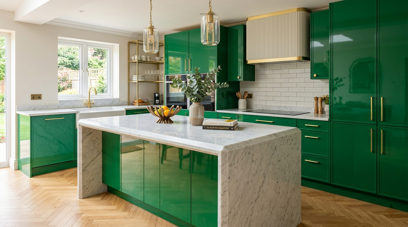 High Gloss Kitchen Cabinets Green high gloss kitchen cabinets, gold accents, marble island, custom edge profiles