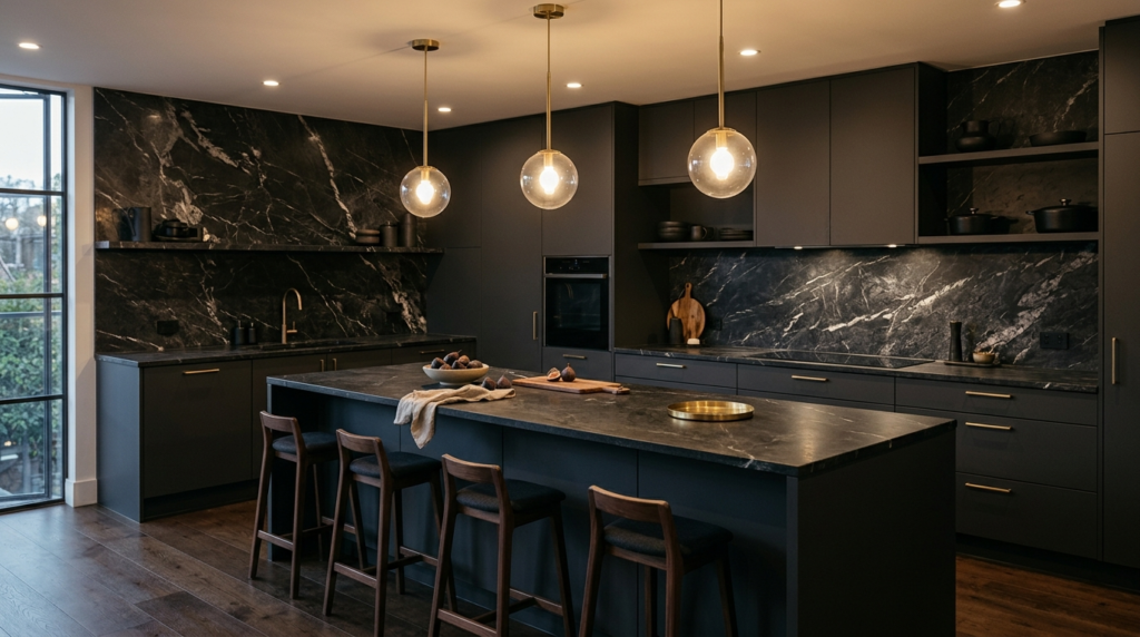 Flat Panel Kitchen Cabinets for a Modern, Minimalist Look A moody modern kitchen featuring deep charcoal flat panel cabinets