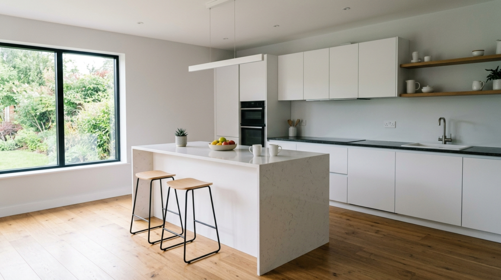 Flat Panel Kitchen Cabinets for a Modern, Minimalist Look A minimalist kitchen with matte white flat panel cabinets