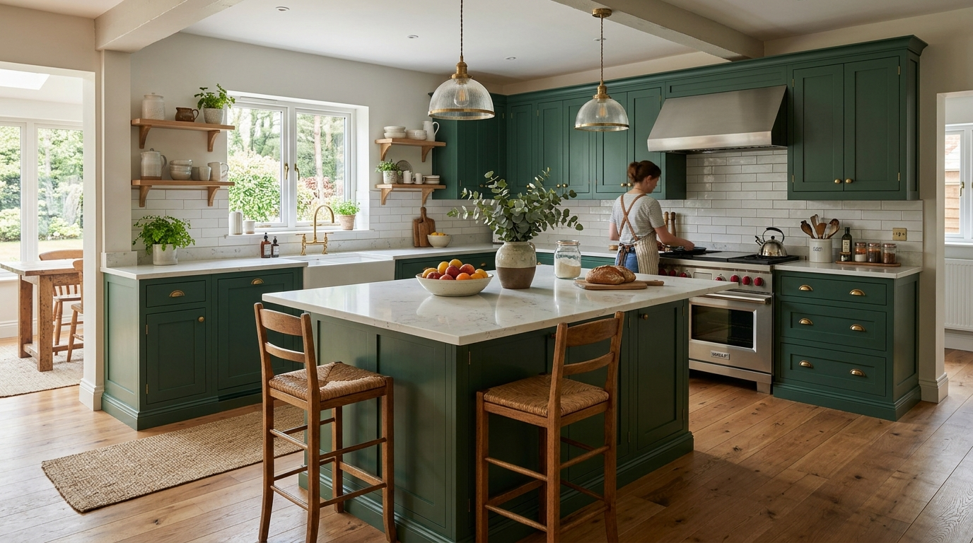 Colored Kitchen Cabinets Forest green kitchen cabinets surrounding a large central island, quartz countertops