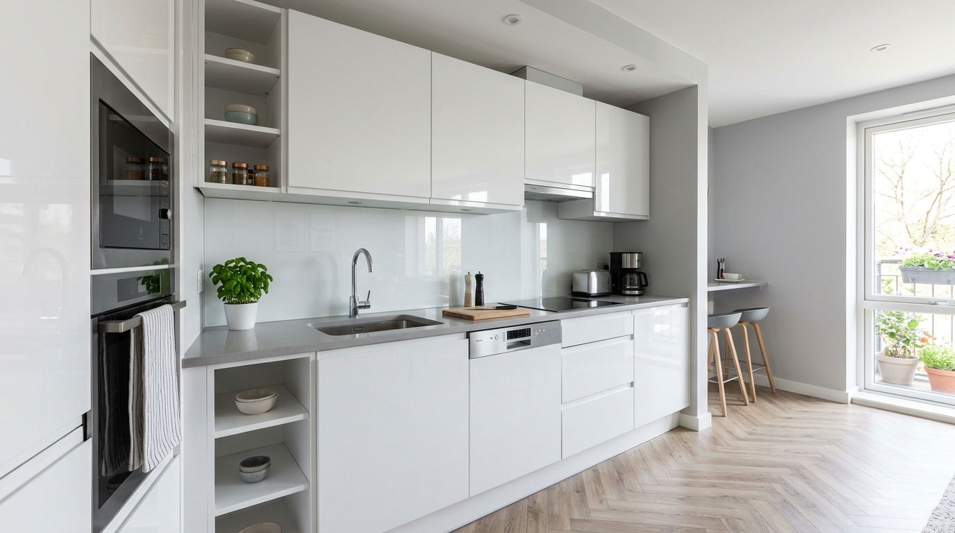 High Gloss Kitchen Cabinets Compact high gloss kitchen cabinets for small apartment, light-reflecting surfaces