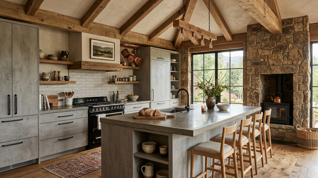 Concrete Look Kitchen Cabinets Rustic modern kitchen combining concrete effect cabinets, reclaimed wood beams, textured stone walls, cozy elegance