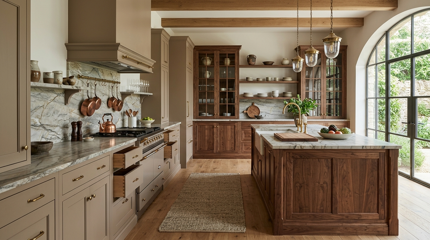 Classic Kitchen Cabinets Quiet luxury kitchen featuring taupe classic kitchen cabinets and quartzite surfaces