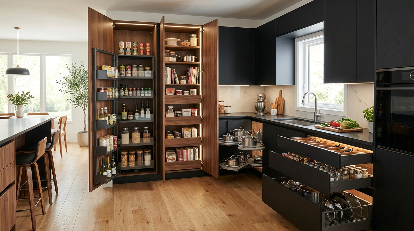 Flat Panel Kitchen Cabinets for a Modern, Minimalist Look A modern flat panel kitchen with several base cabinets and tall pantry doors open to reveal the interior organization.