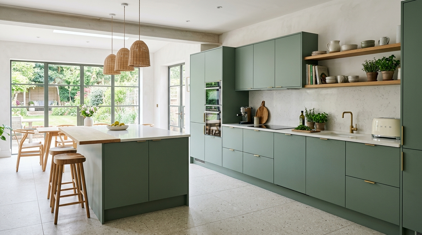 European Kitchen Cabinets: The Trendiest Choice for Modern Homes A fresh green, European-style kitchen cabinet design.