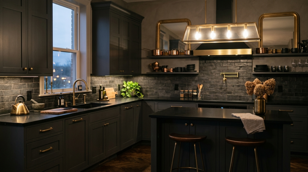 Grey Kitchen Cabinets Dark charcoal gray kitchen cabinets with a black countertop and brass fixtures in a moody, elegant kitchen with soft lighting.