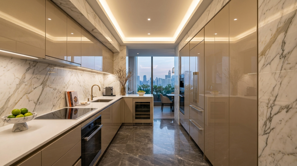 Flat Panel Kitchen Cabinets for a Modern, Minimalist Look A luxury galley kitchen with high-gloss champagne flat panel kitchen cabinets