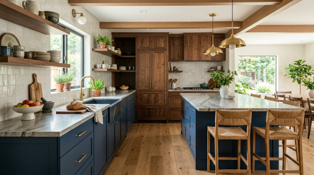 Blue Kitchen Cabinets Blue kitchen cabinets paired with walnut cabinetry, mixed-material design, stone countertops, modern organic style, earthy color palette