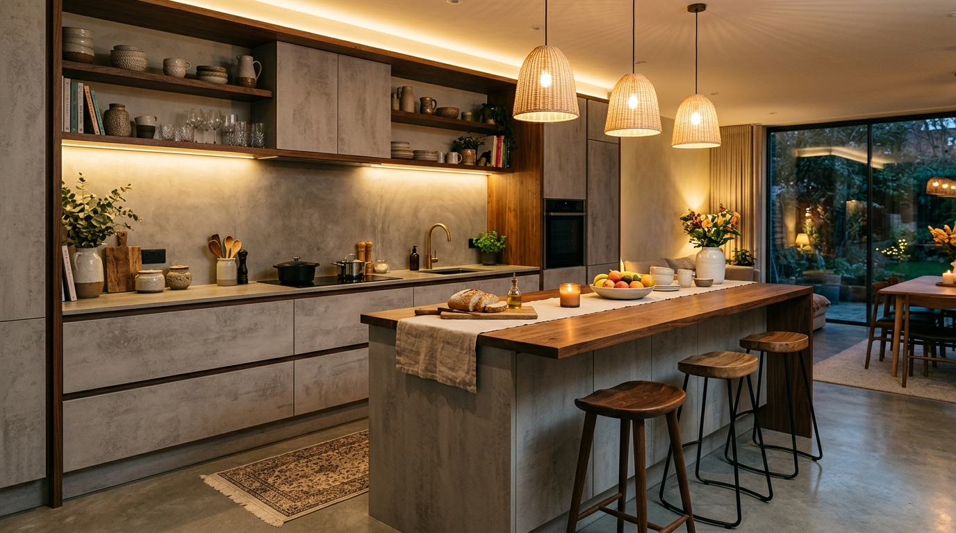 Concrete Look Kitchen Cabinets Warm contemporary kitchen with concrete texture cabinets, walnut accents, ambient lighting, inviting atmosphere