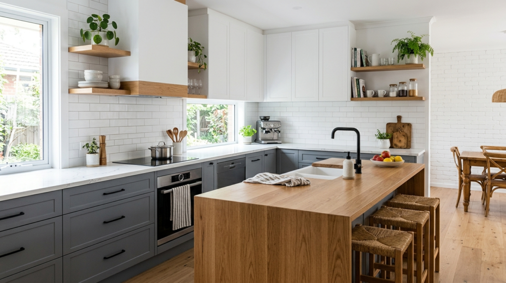 Grey Kitchen Cabinets Two-tone kitchen with gray lower cabinets, white upper cabinets, and natural wood accents in a Scandinavian style.