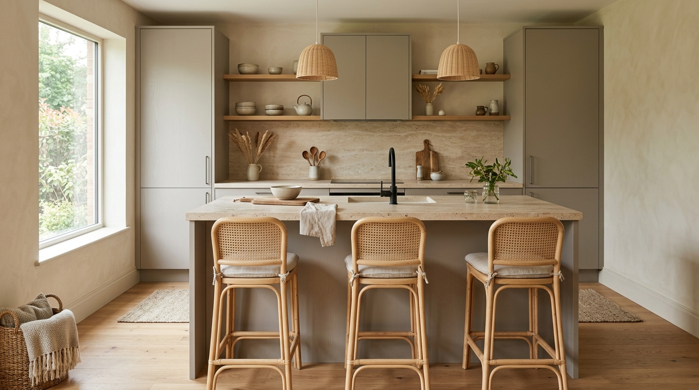 Grey Kitchen Cabinets Modern greige kitchen cabinets with a beige stone countertop and rattan bar stools in a Japandi-style kitchen with soft natural light.