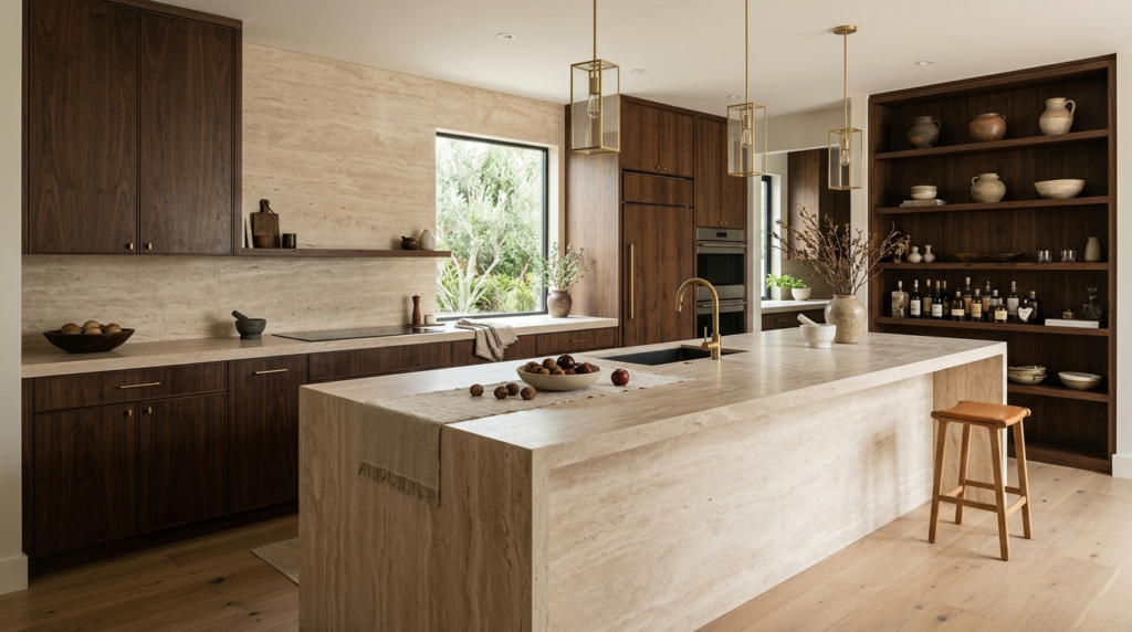Light vs Dark Walnut Kitchen Cabinets: Which Finish Works Best? Dark walnut kitchen cabinets paired with honed travertine countertops and full-height travertine backsplash, monolithic island, earthy neutral palette, luxury contemporary design
