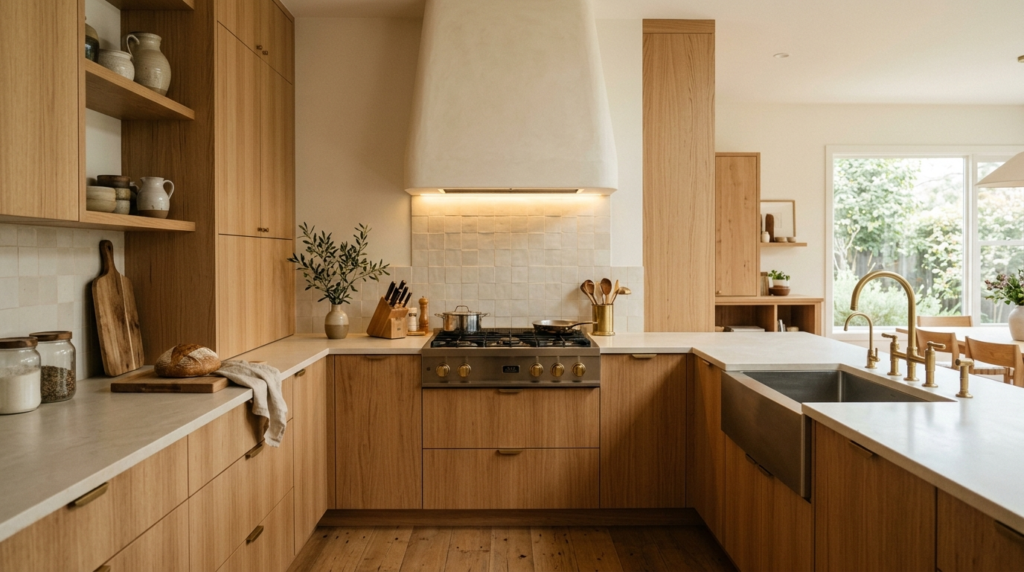 Frameless Kitchen Cabinets Warm frameless kitchen cabinets in natural oak