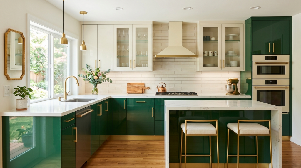 High Gloss Kitchen Cabinets Two-tone high gloss kitchen cabinets, forest green base units and cream uppers, gold accents