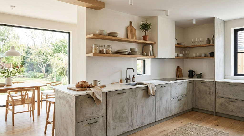 Concrete Look Kitchen Cabinets Scandinavian kitchen with concrete texture cabinets, oak open shelving, neutral palette, bright natural light