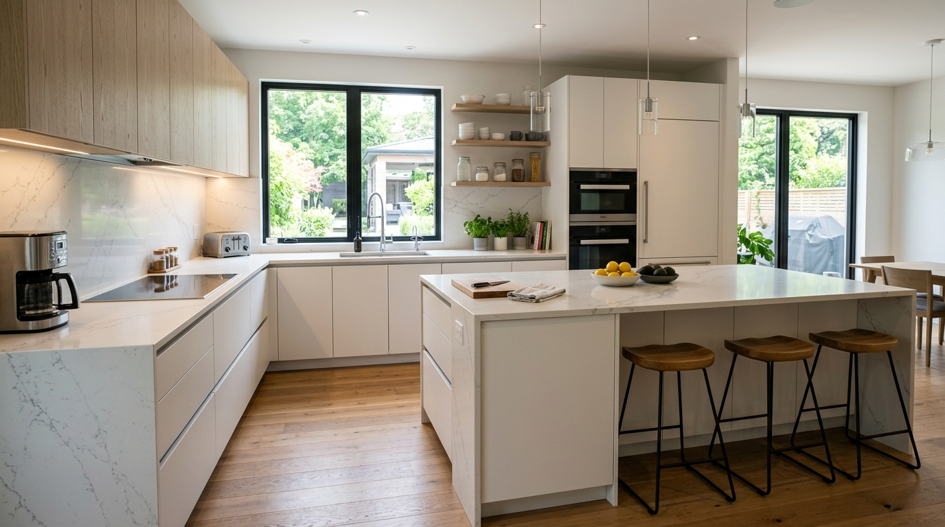 Flat Panel Kitchen Cabinets for a Modern, Minimalist Look White flat panel kitchen cabinets pair with white quartz countertops