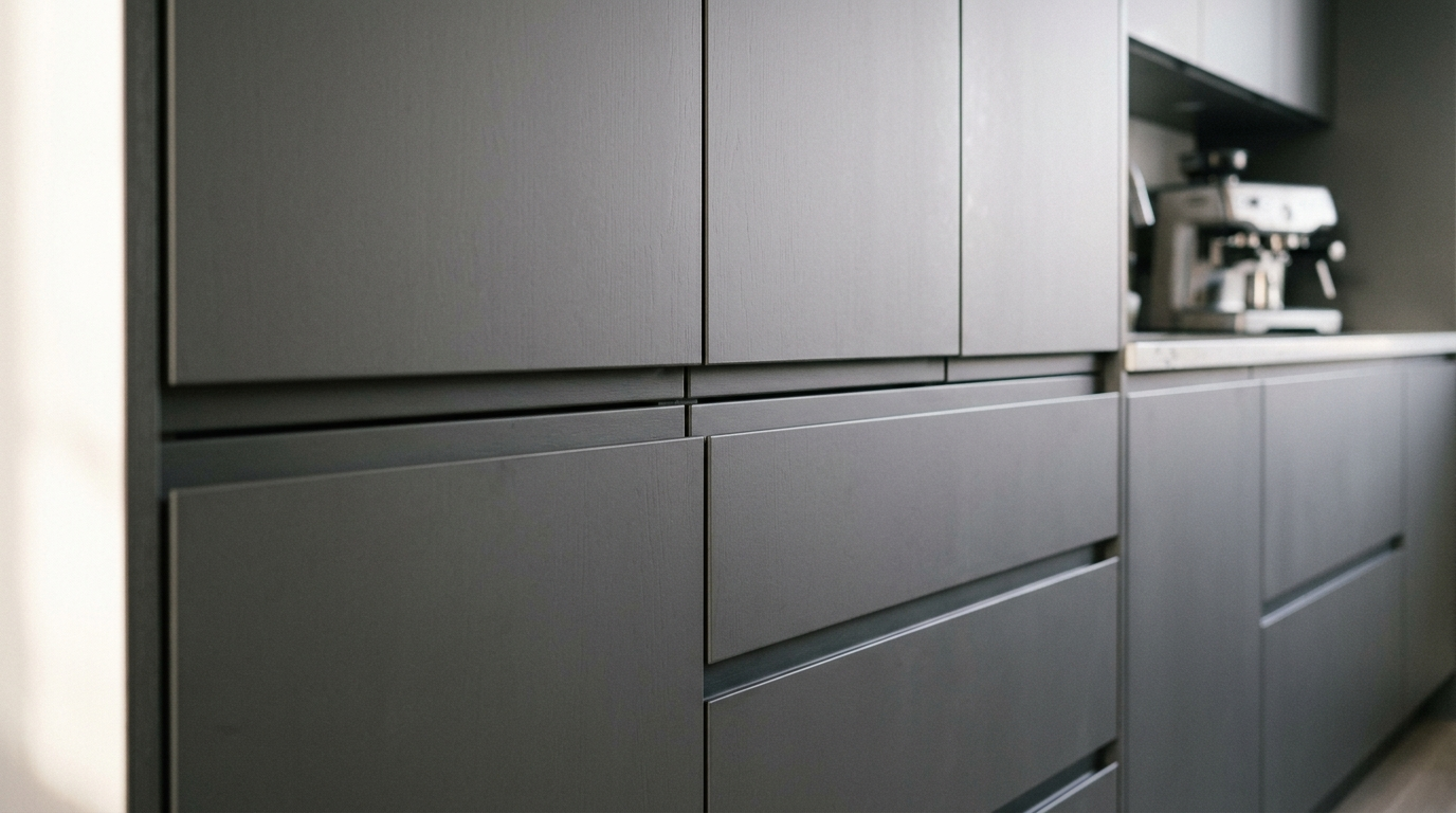 Flat Panel Kitchen Cabinets for a Modern, Minimalist Look A tight three-quarter close-up of flat panel kitchen cabinet doors emphasizing the crisp square edge profiles