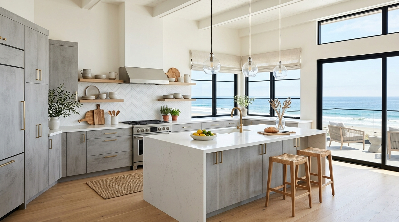 Concrete Look Kitchen Cabinets Coastal modern kitchen with soft gray concrete look cabinets, white countertops, airy layout, subtle natural textures