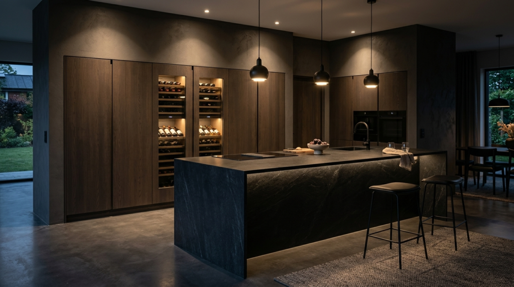 Handleless Kitchen Cabinets Bold handleless kitchen cabinets go well with moody spotlight accents.