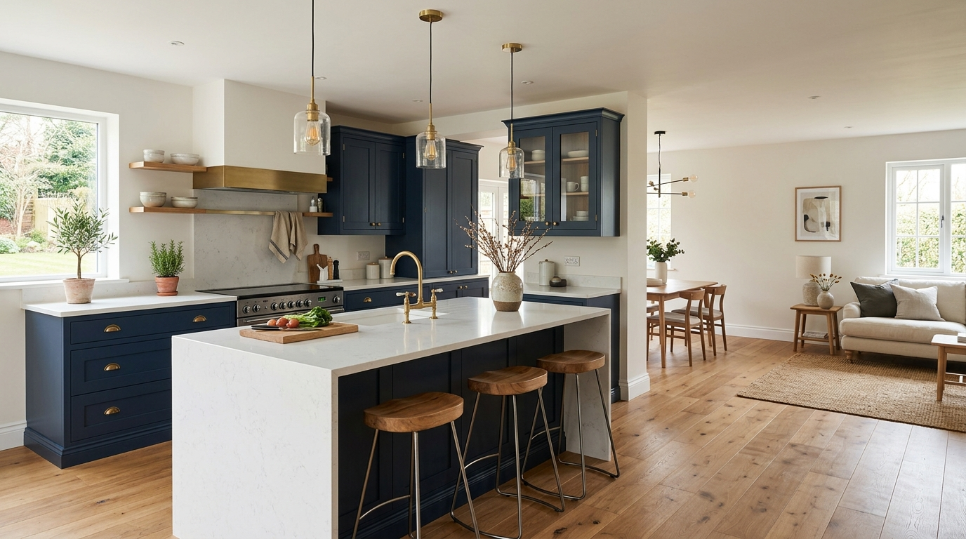 Country Style Kitchen Cabinets Open-plan kitchen with navy country style kitchen cabinets, sleek lighting, and minimalist decor
