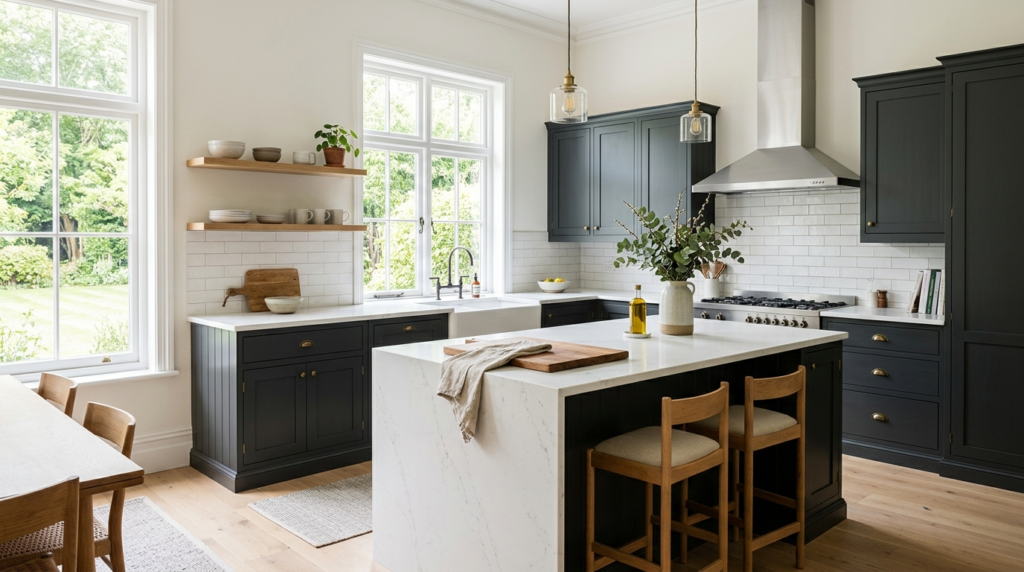 Country Style Kitchen Cabinets Airy kitchen featuring charcoal country style kitchen cabinets, quartz surfaces, and minimalist styling