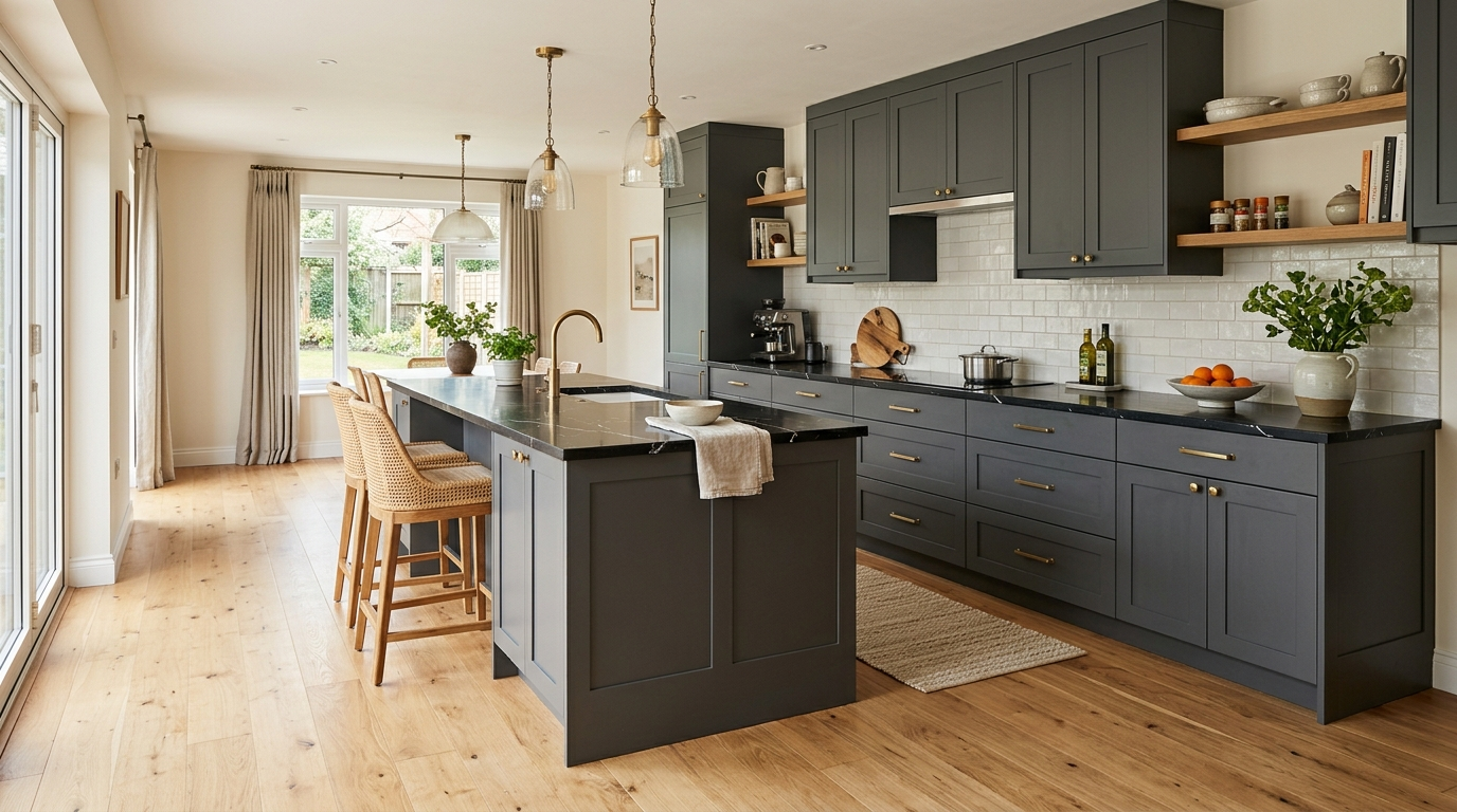 Colored Kitchen Cabinets Charcoal gray kitchen cabinets paired with light oak flooring
