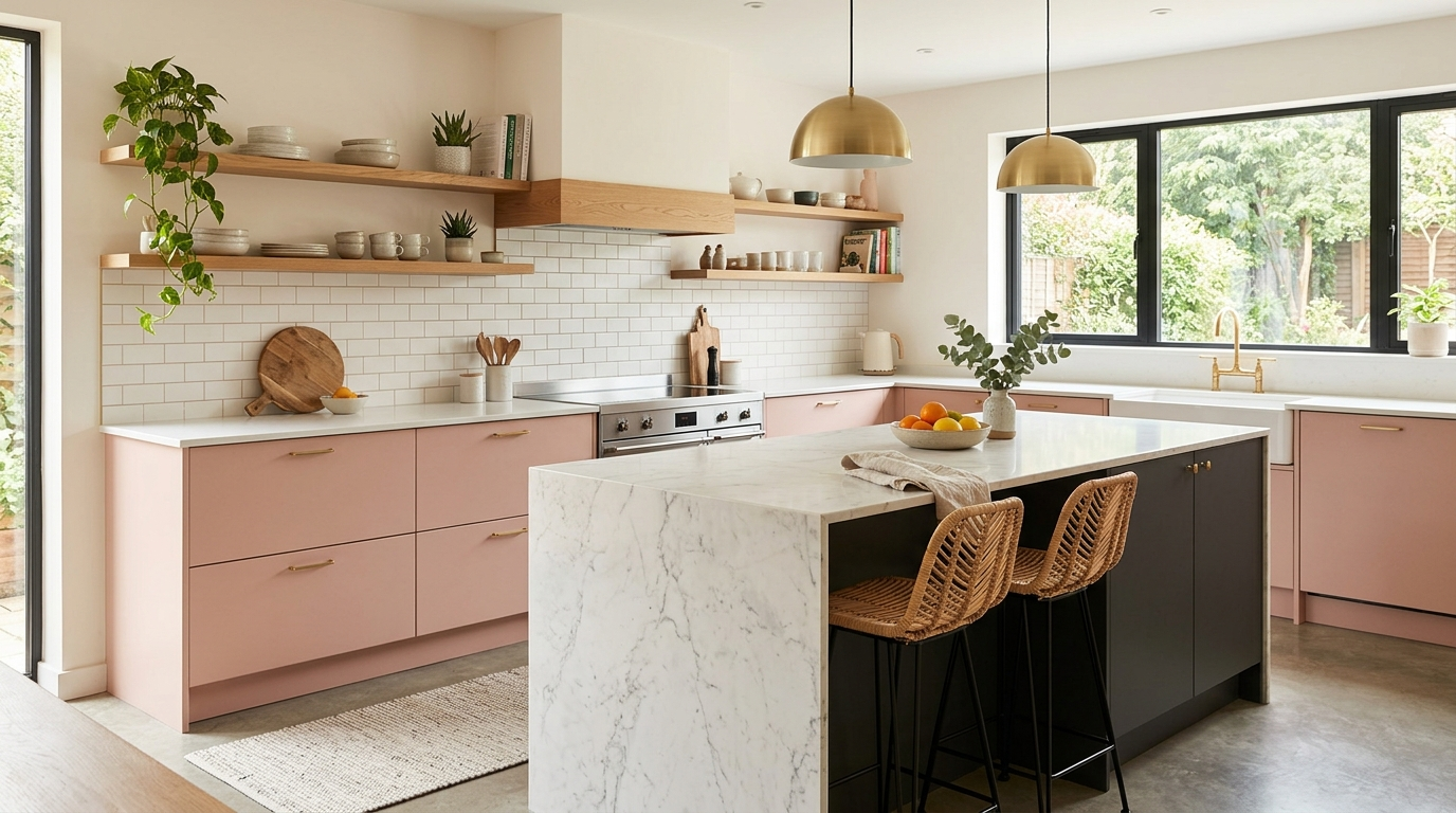 Colored Kitchen Cabinets Blush pink kitchen cabinets adding a playful touch to a modern interior, a contrasting island