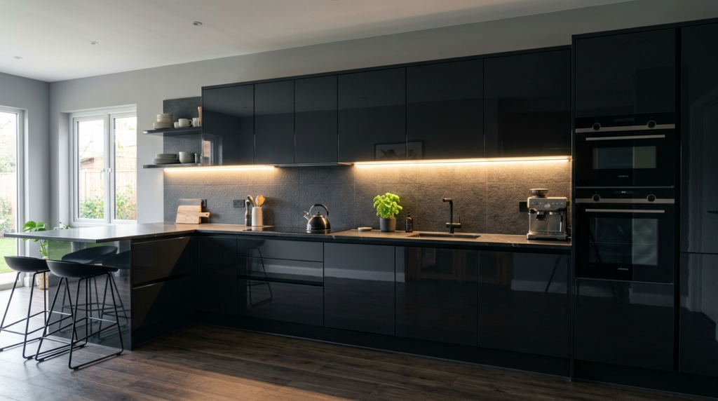 High Gloss Kitchen Cabinets Sleek black high gloss kitchen cabinets, handleless design, LED under-cabinet lighting