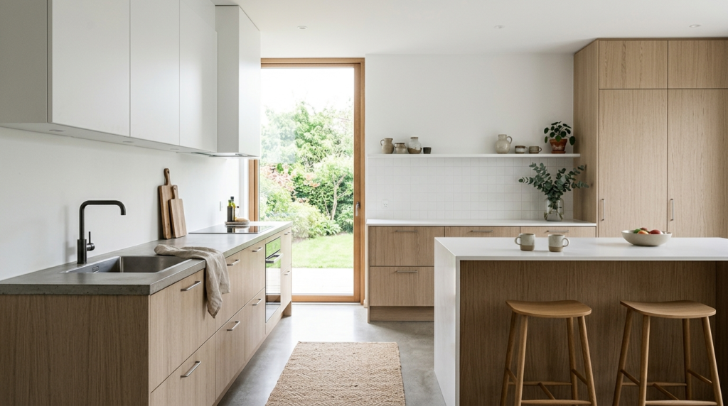 Designer Kitchen Cabinets, Made to Your Kitchen Scandinavian designer kitchen cabinets in light oak and white with clean lines and natural lighting.