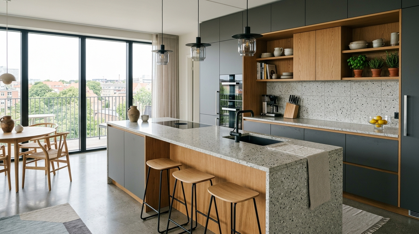 European Kitchen Cabinets: The Trendiest Choice for Modern Homes The finish of the European kitchen cabinets features a combination of gray and natural wood, paired with light gray granite countertops and a backsplash.
