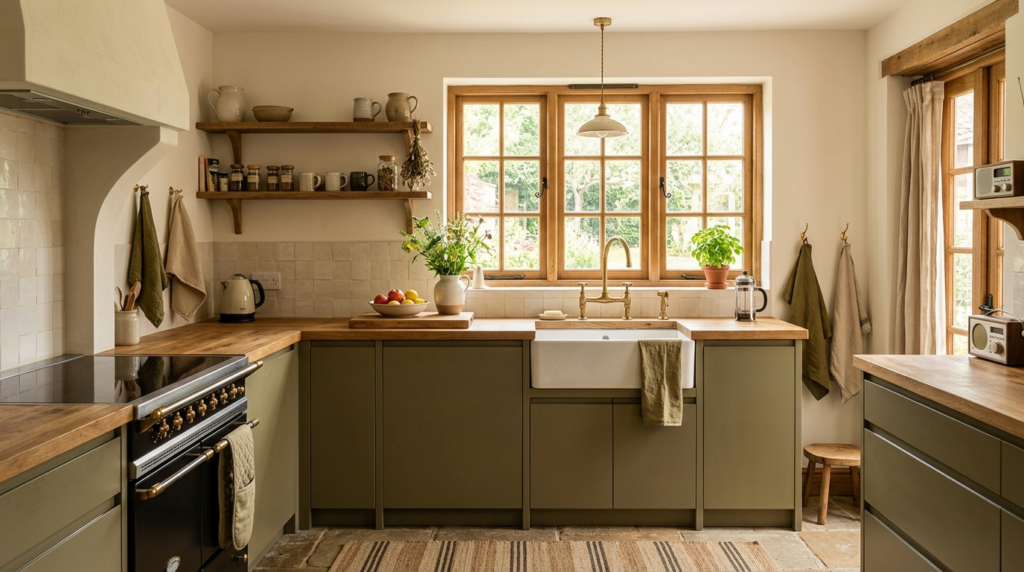 Handleless Kitchen Cabinets Cozy farmhouse is also suited with muted olive full-overlay handleless kitchen cabinets.