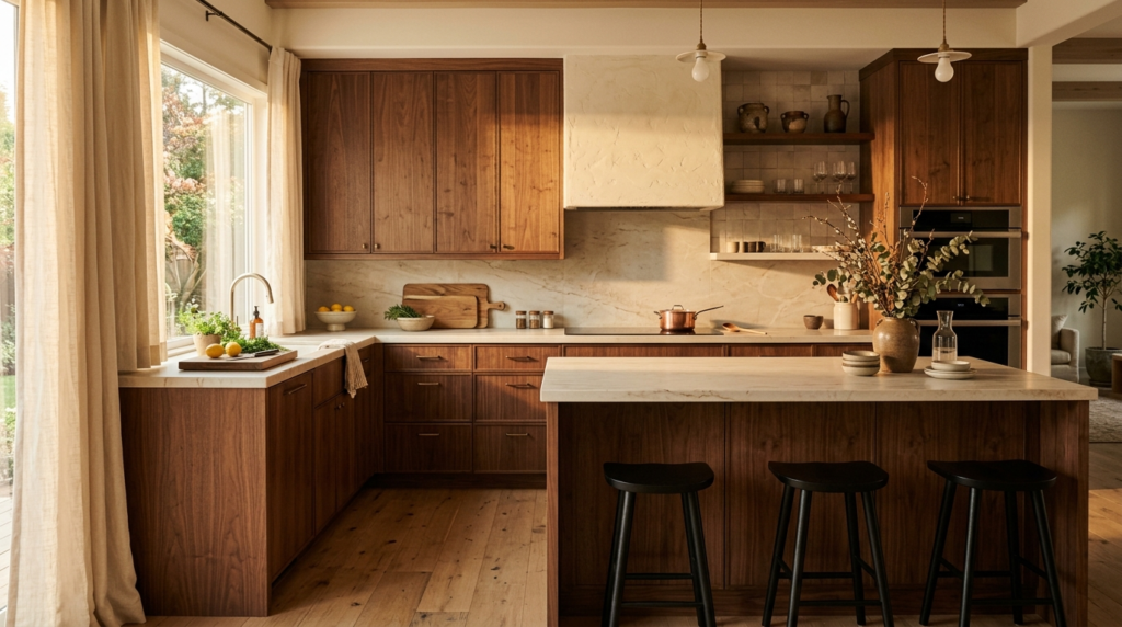 Flat Panel Kitchen Cabinets for a Modern, Minimalist Look Rich walnut flat panel kitchen cabinets
