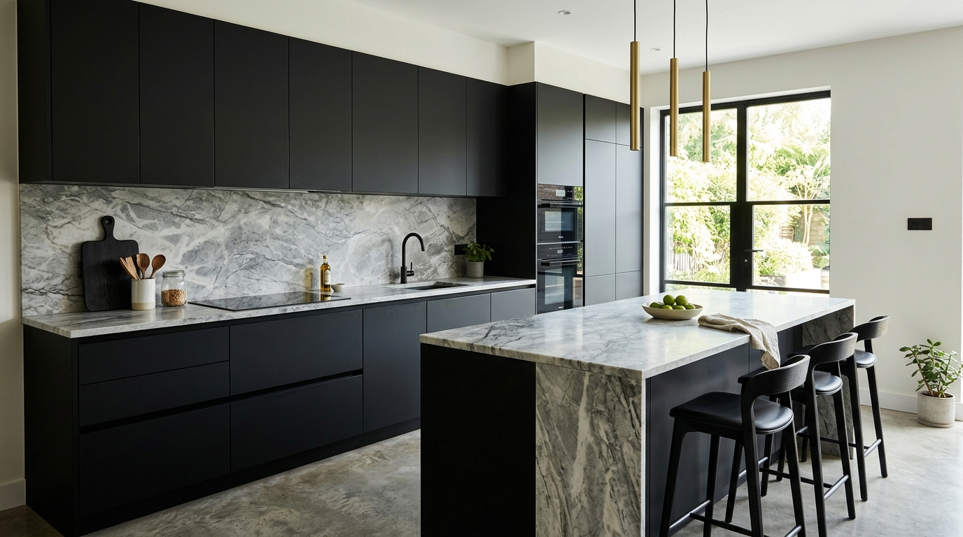 Colored Kitchen Cabinets Matte black kitchen cabinets with sleek handleless fronts and stone surfaces