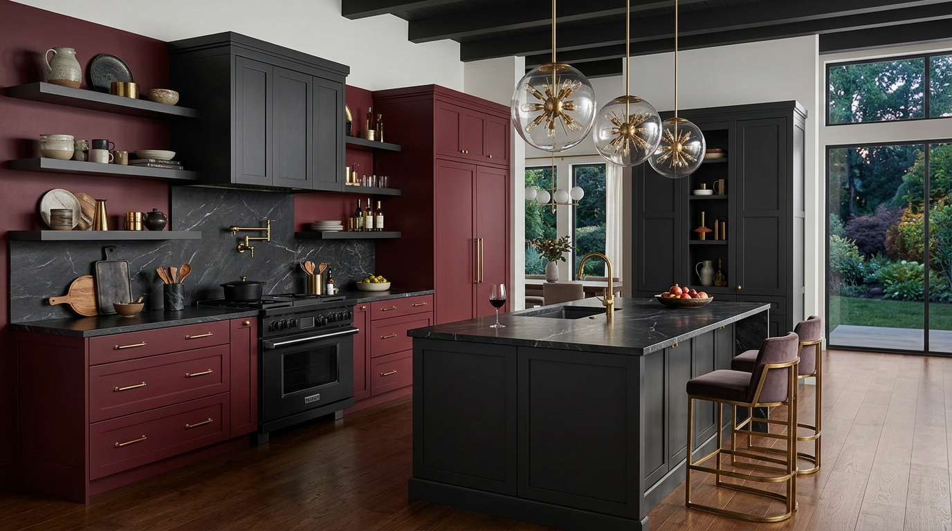 Colored Kitchen Cabinets Burgundy kitchen cabinets create a dramatic luxury in a two-tone kitchen design that features color-blocking.