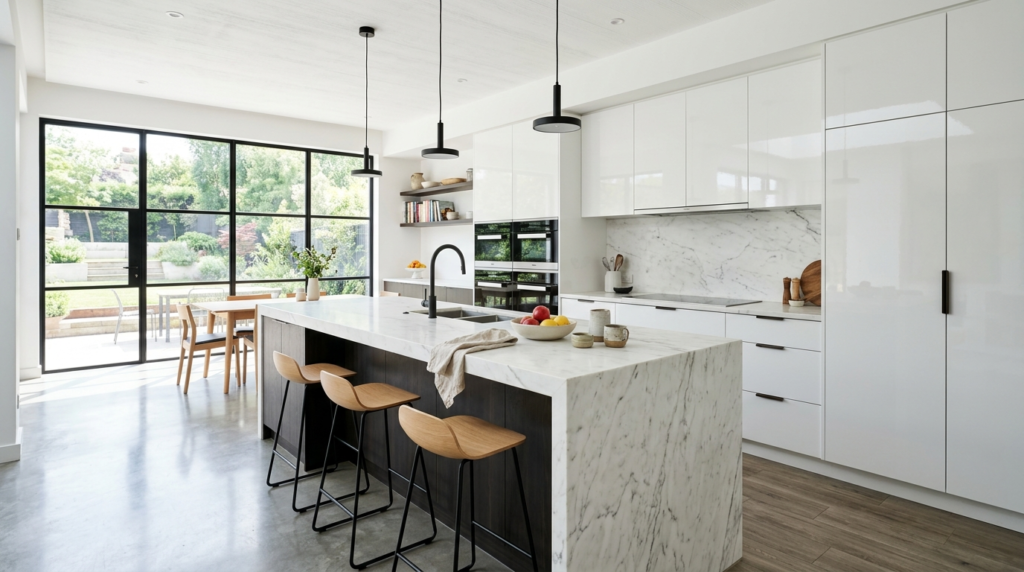 High Gloss Kitchen Cabinets Modern white high gloss kitchen cabinets with waterfall island, natural light